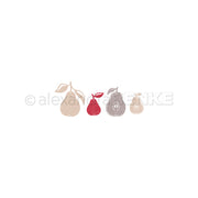 Vier stilisierte Birnen in Beige, Rot und Braun mit schlichten Blättern auf weißem Hintergrund – perfekt, um Ihren Kollektionen oder Design-Paketen einen kreativen Touch zu verleihen.