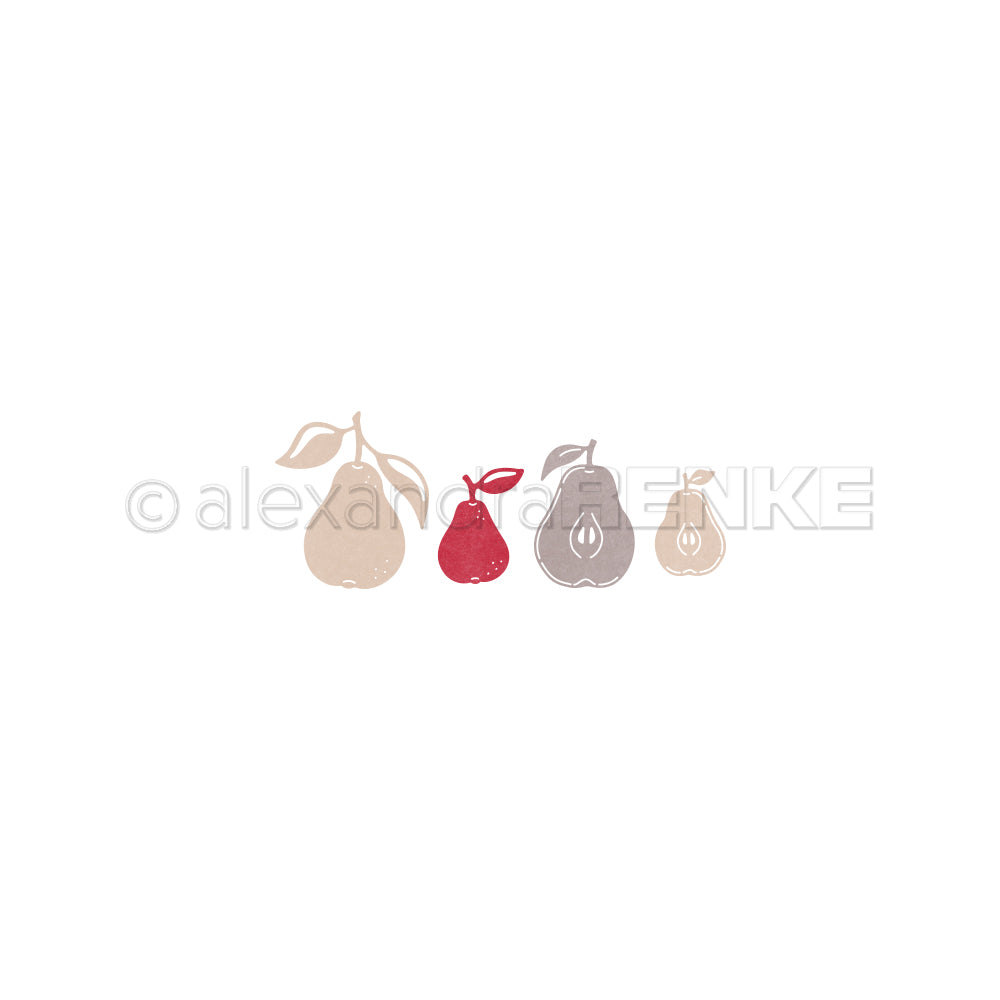 Vier stilisierte Birnen in Beige, Rot und Braun mit schlichten Blättern auf weißem Hintergrund – perfekt, um Ihren Kollektionen oder Design-Paketen einen kreativen Touch zu verleihen.