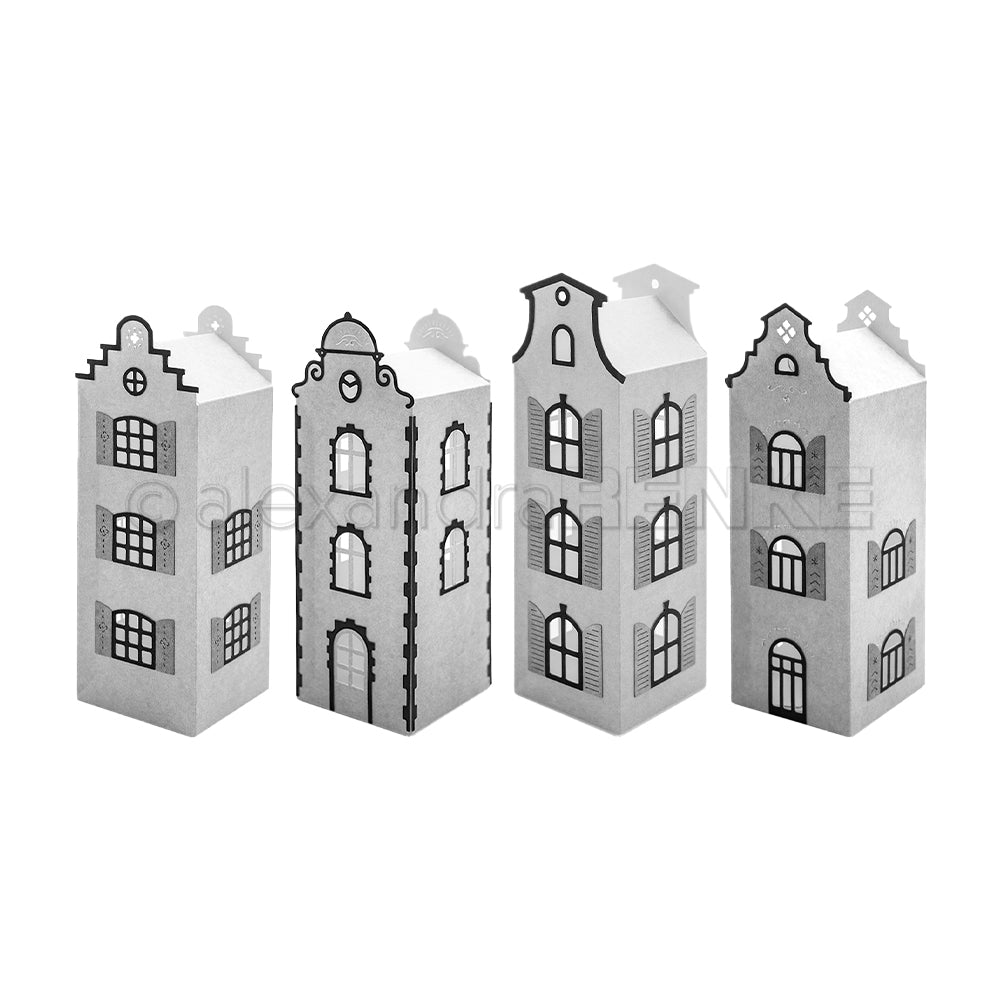 Vier Papierboxen, die wie hohe, dekorative Stadthäuser im europäischen Stil gestaltet sind – perfekt, um die Kreativität anzuregen oder sie in reizvollen Bündeln und Kollektionen zu präsentieren.