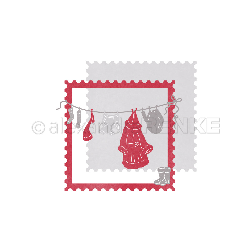 Ein briefmarkenförmiges Motiv, das eine Wäscheleine mit Winterkleidung – darunter ein Mantel, Stiefel und Strümpfe – zeigt und als Quelle für kreative Geschenkideen dient.