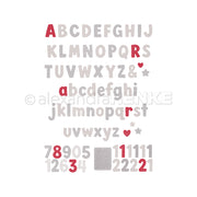 Eine Sammlung aus Groß- und Kleinbuchstaben, Symbolen und Zahlen in Rot und Grau.