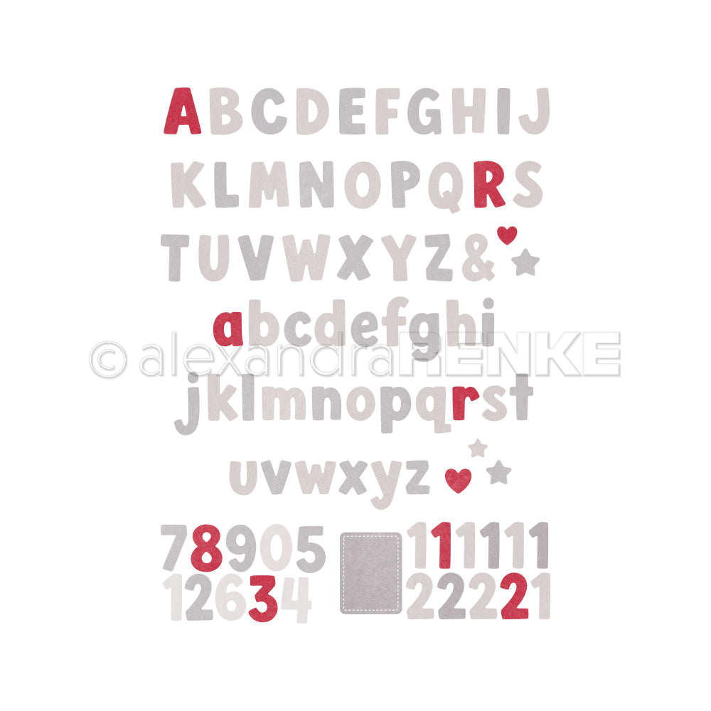 Eine Sammlung aus Groß- und Kleinbuchstaben, Symbolen und Zahlen in Rot und Grau.