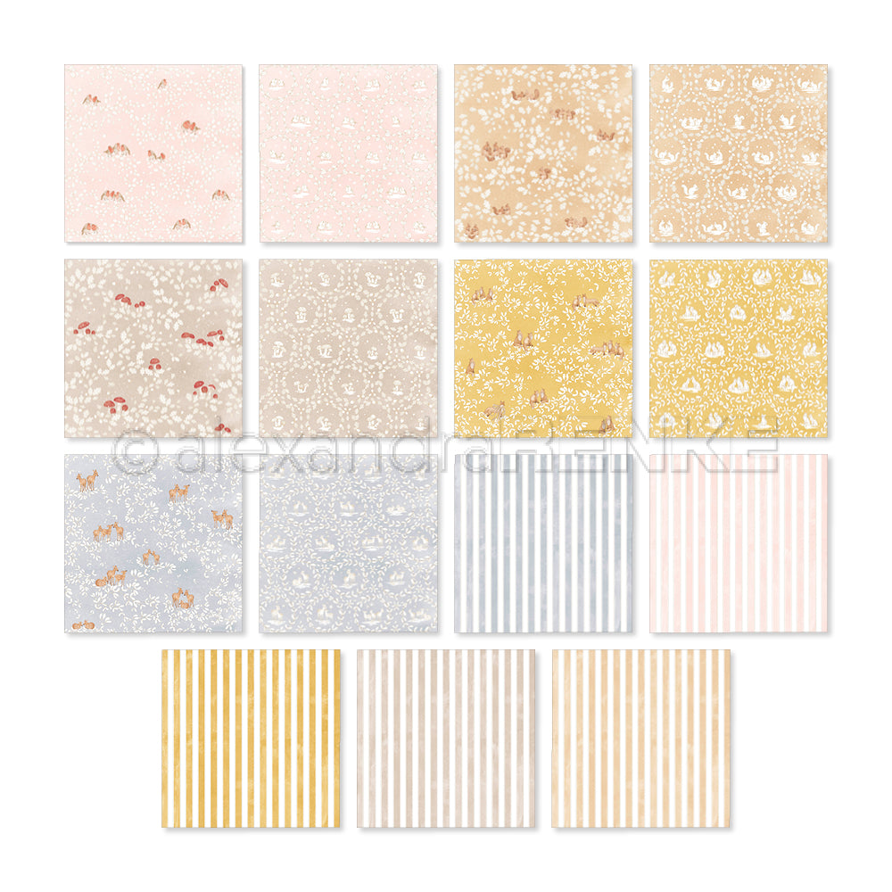 Eine Kollektion aus gemusterten Scrapbook-Papierquadraten und kreativen Sets mit Blumen-, Wald- und Streifenmotiven.