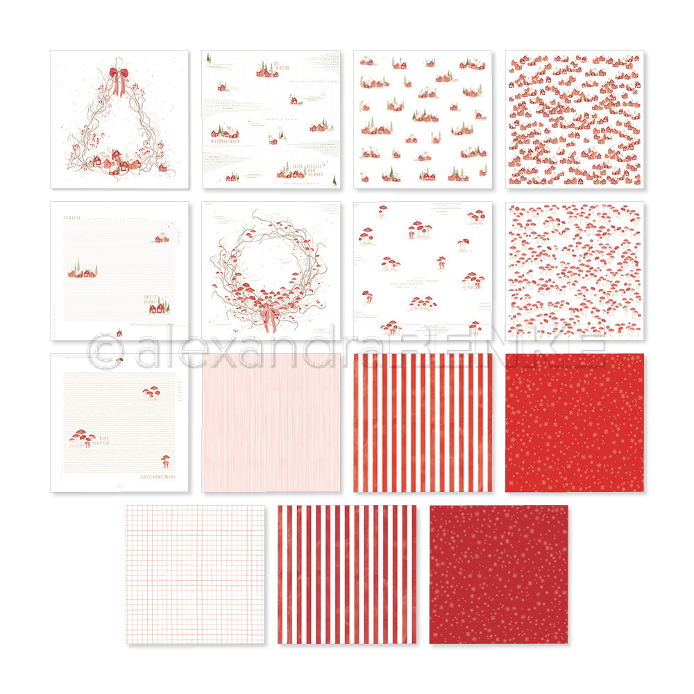 Ein kreatives Set aus zwölf gemusterten Papieren mit weihnachtlichen Motiven, Streifen und Punkten in Rot und Weiß.