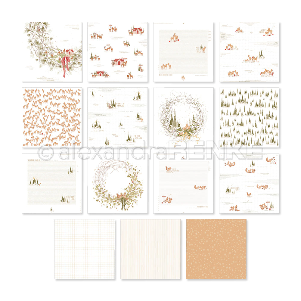 Eine kreative Kollektion bedruckter Papierbögen mit weihnachtlichen Illustrationen, Mustern und Kränzen.