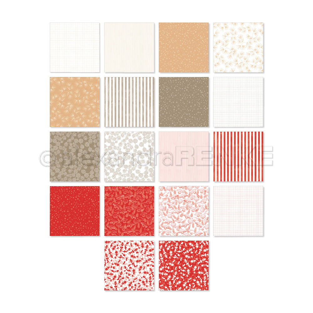 Eine Sammlung von achtzehn gemusterten Digitalpapieren in Rot-, Beige- und Weißtönen.