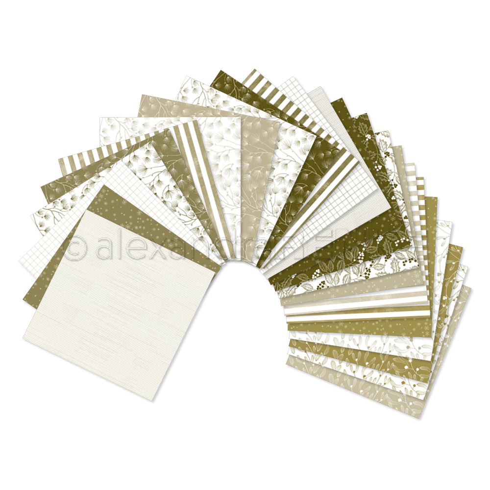 Ein fächerförmiges Kreativitäts-Bundle aus gemusterten Scrapbook-Papieren in Olivgrün- und Cremetönen.