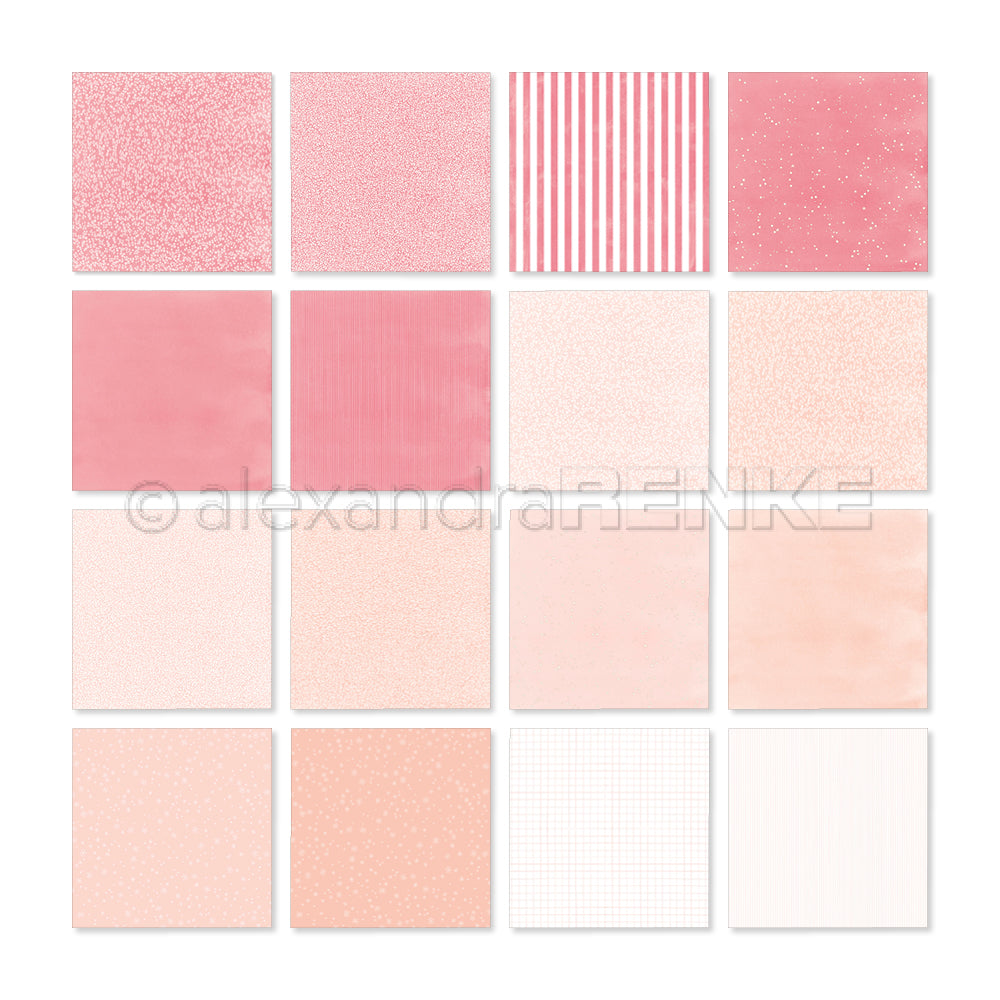 Eine Kollektion aus sechzehn quadratischen Schnittmusterbögen in verschiedenen Rosa- und Weißtönen, die perfekt dazu geeignet sind, die Kreativität anzuregen.