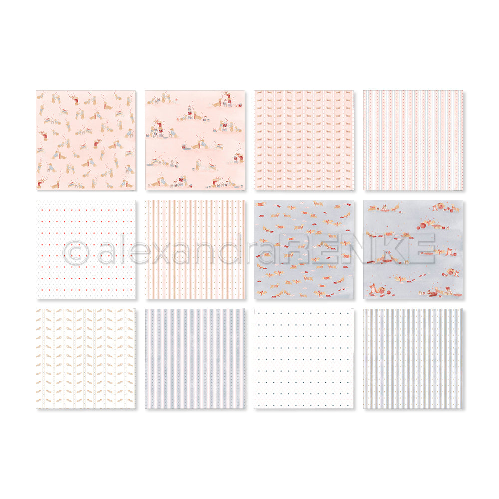 Eine Kollektion aus zwölf gemusterten Scrapbook-Papieren in Rosa-, Blau- und Weißtönen, ideal für kreative Bastelprojekte.