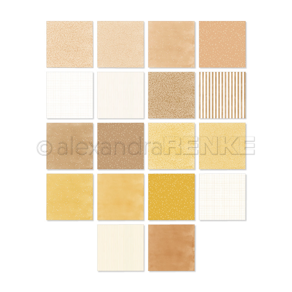 Ein Raster aus achtzehn gemusterten Papierquadraten in Beige-, Gold- und Gelbtönen, die zusammen eine vielseitige, kreative Kollektion bilden.