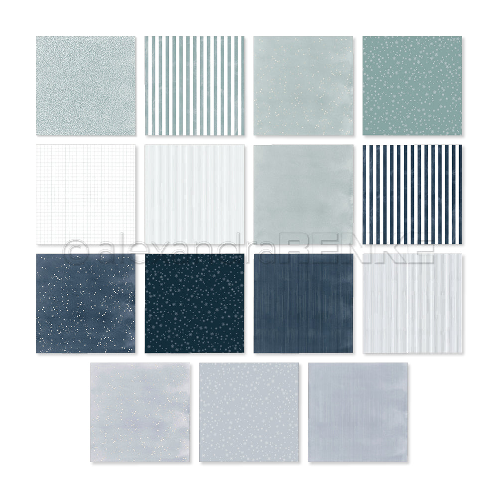 Eine Kollektion aus vierzehn quadratischen Mustern in Blau-, Weiß- und Marineblau-Tönen mit Streifen, Punkten und Gittermustern als Kreativitäts-Bundle voller Inspiration.
