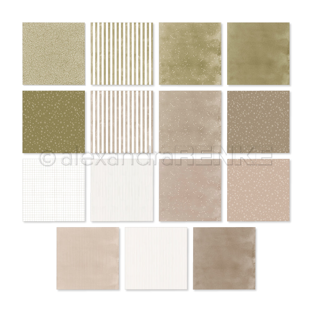 Eine Kollektion aus vierzehn quadratischen Dekorpapieren in verschiedenen Beige- und Olivtönen, die eine kreative Vielfalt an Mustern wie Streifen, Gitter und Punkte bilden.