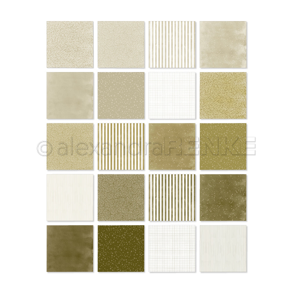 Ein Raster aus zwanzig quadratischen Bastelpapierbögen mit Mustern in Gold, Beige und Weiß aus unseren Kreativ-Sets.