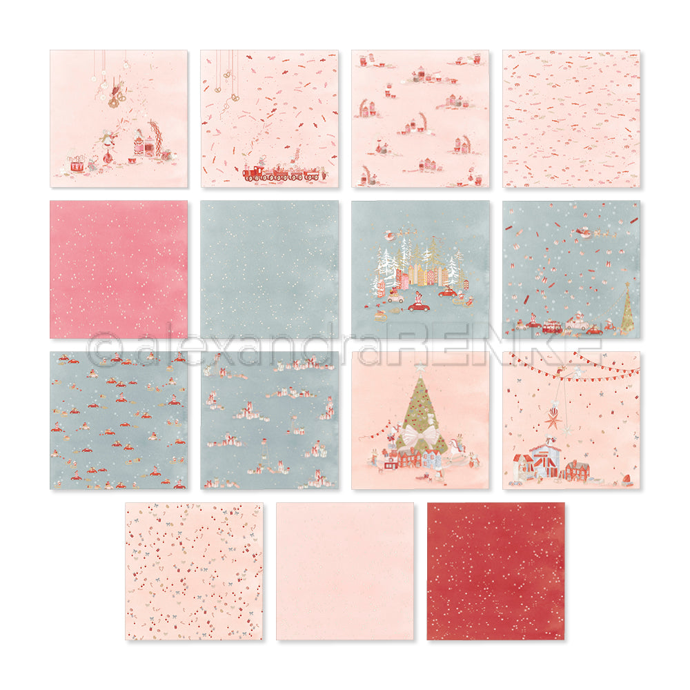 Dieses kreative Set enthält vierzehn quadratische Karten mit festlichen Weihnachtsmotiven in Rosa-, Rot- und Blautönen.