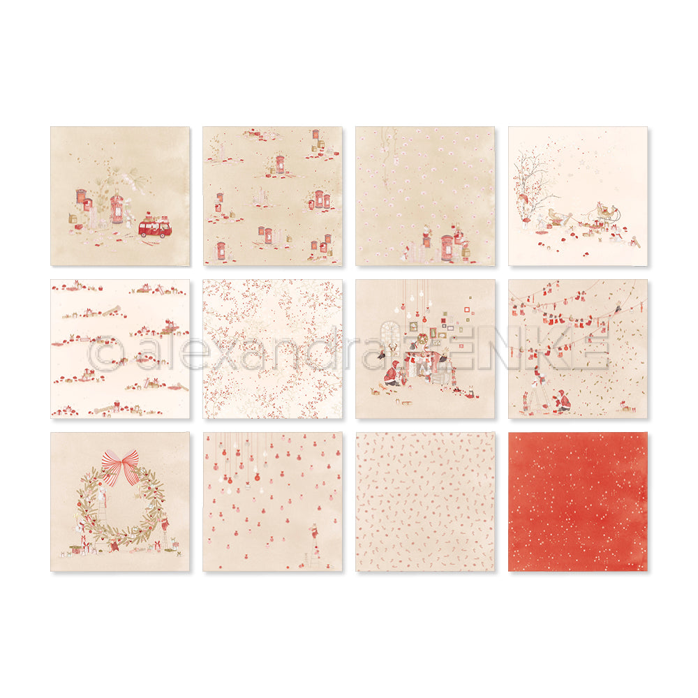 Ein Set aus zwölf quadratischen Bögen Scrapbook-Papier mit Weihnachtsmotiven aus unserer neuesten Kreativkollektion.