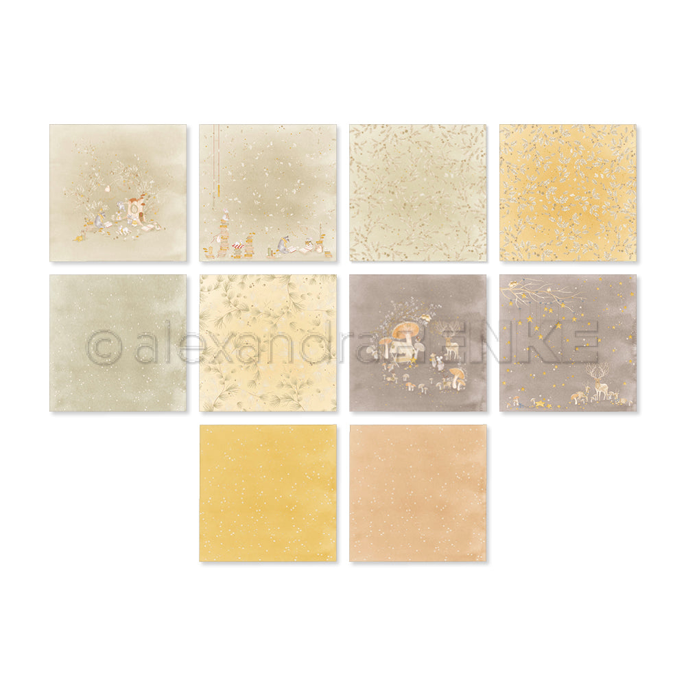 Eine Kollektion aus zehn gemusterten Papieren mit quadratischen Mustern, die Waldtiere, Pilze und Sterne in Gold- und gedeckten Farbtönen zeigen.