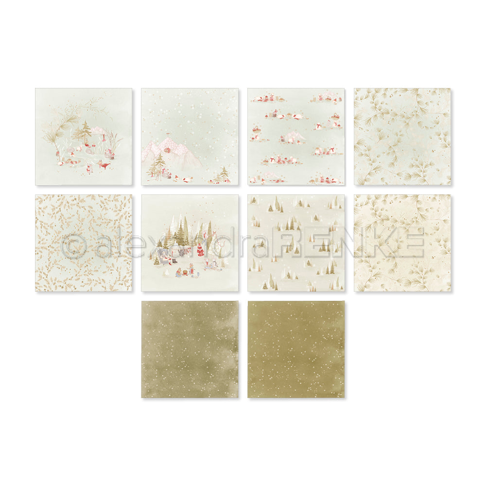 Zehn quadratische digitale Papierdesigns in diesen kreativen Paketen mit Winterlandschaften, Waldtieren und Blattgoldmustern.