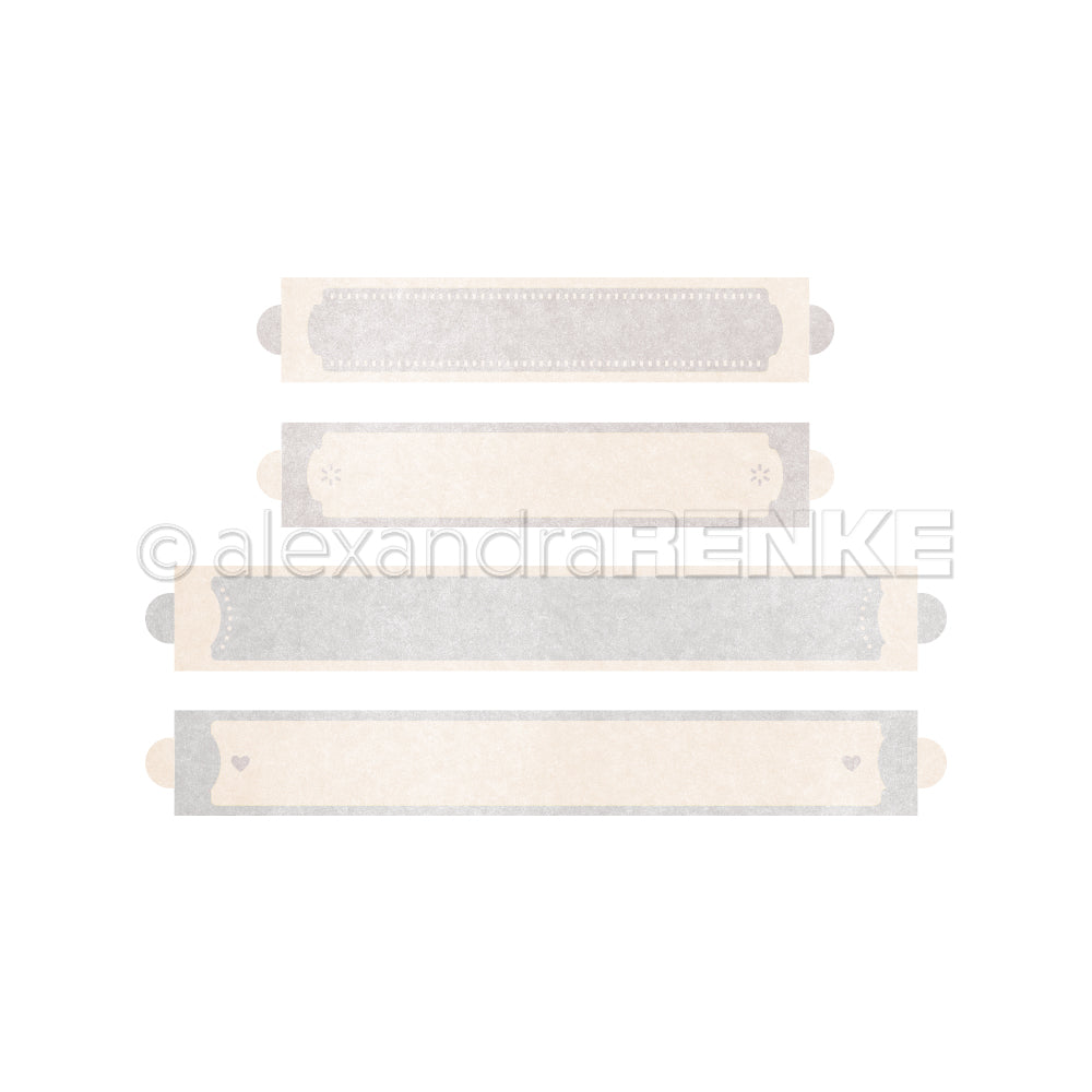 Fünf dekorative, rechteckige Papieretiketten von alexandrarenke in neutralen Tönen, gestapelt vom kleinsten zum größten auf weißem Hintergrund - ideal für kreative Projekte oder als Teil einzigartiger Kollektionen und Bündel.