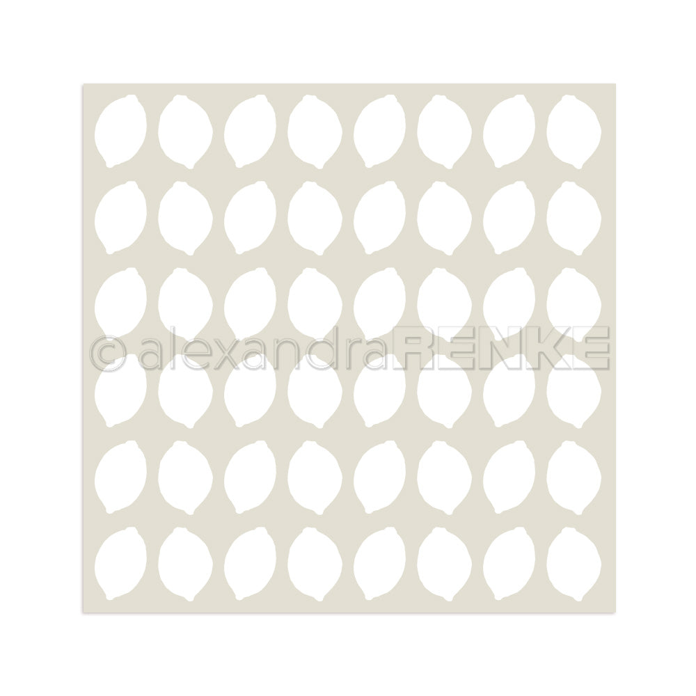 Ein Raster aus weißen Zitronen-Silhouetten, inspiriert von Alexandra Renke Stencil Zitronen Schablonen, auf einem hellbeigen quadratischen Hintergrund - ideal für kreative Papierprojekte.