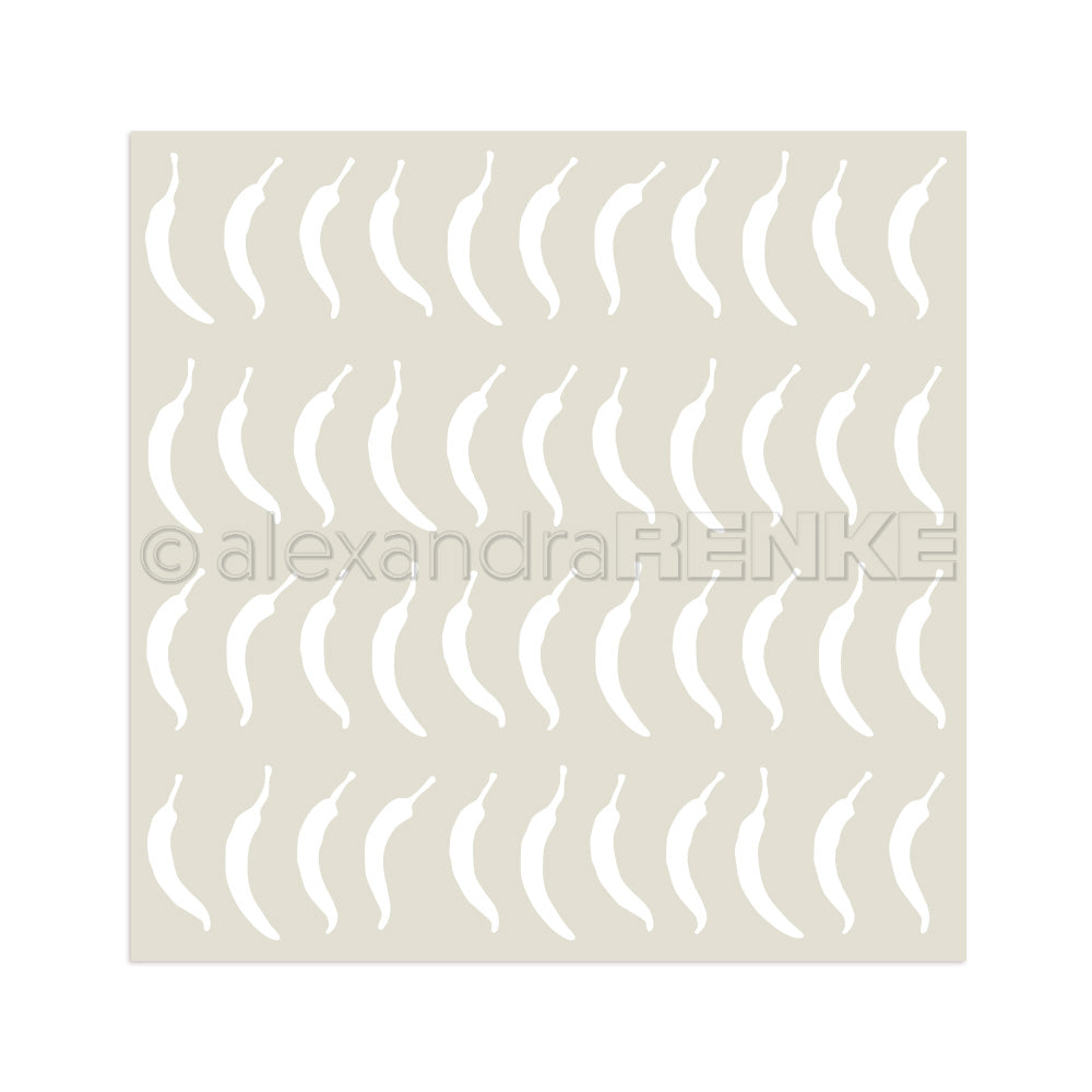Eine wiederverwendbare Schablone von Alexandra Renke mit einem sich wiederholenden Chilischotenmuster in Reihen - perfekt, um mit unserem Stencil Chilis-Design ein würziges Flair zu schaffen.