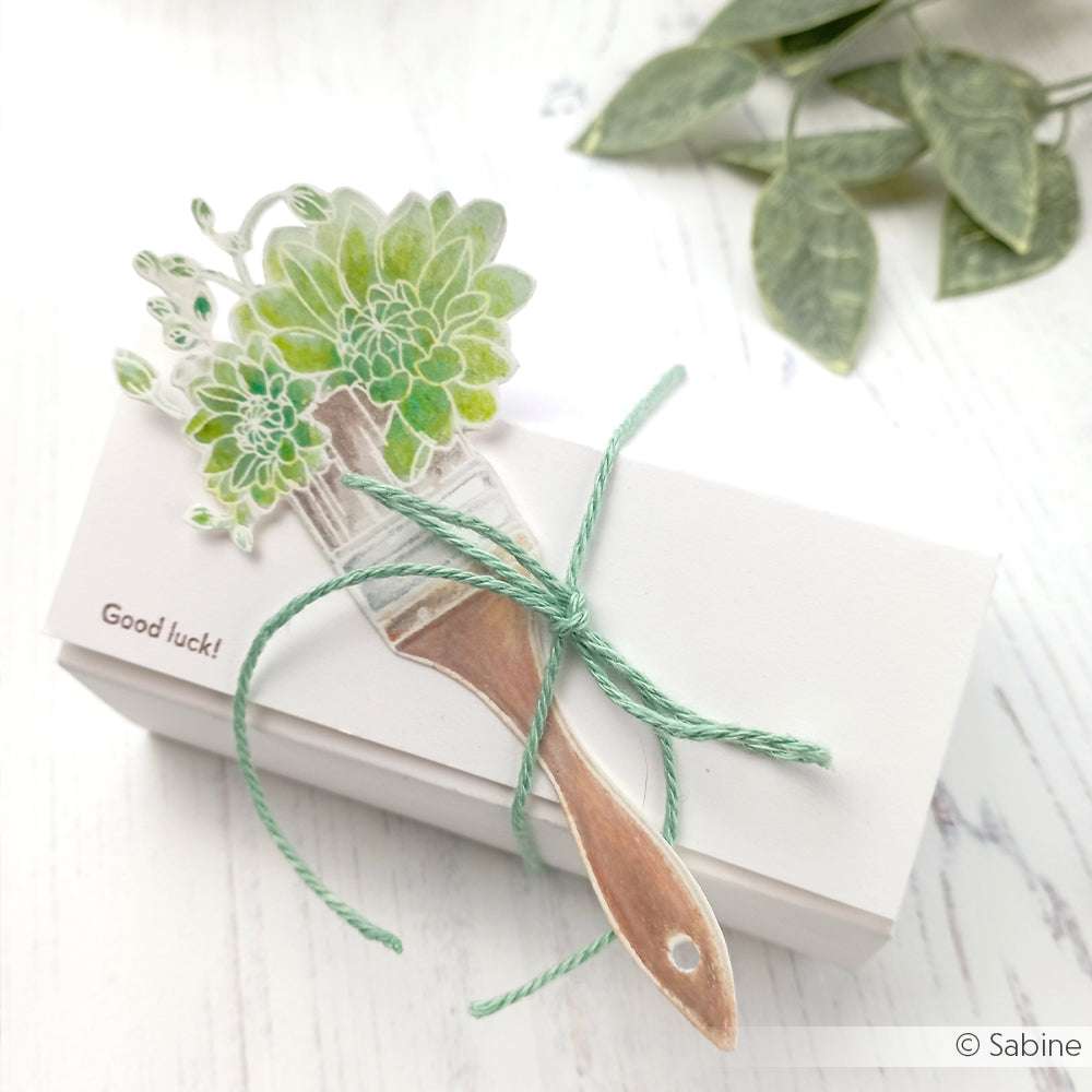 Ein weißer Geschenkkarton von Alexandra Renke mit einem "Viel Glück!"-Zettel, verziert mit einer Pflanzenillustration aus Photopolymer-Stempel und gebunden mit grüner Schnur.