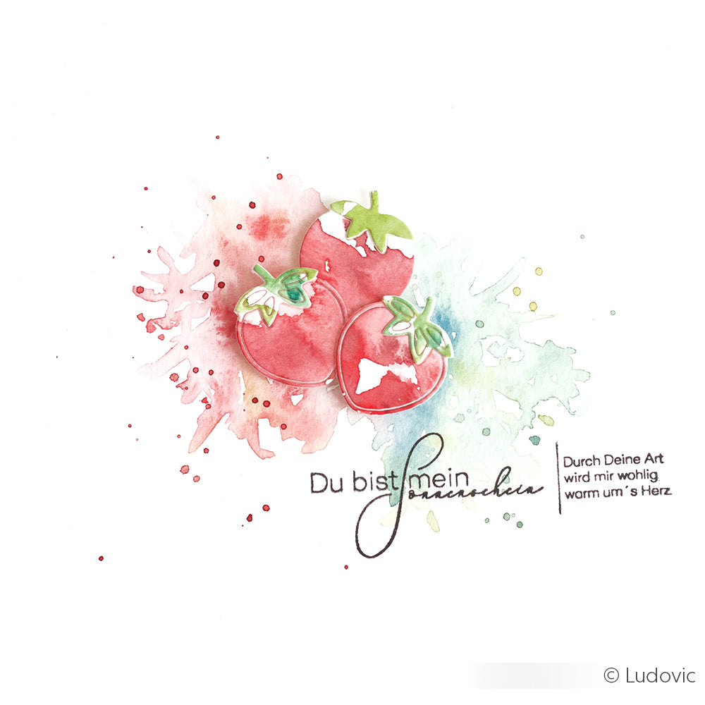 Aquarelltomaten mit Spritzern, deutschem Text "Du bist mein Sonnenschein" und einer kurzen Botschaft darunter. Ideal für Karten oder Journaling mit Alexandra Renke Photopolymer-Stempeln oder Ihrem Lieblings-Klarsichtstempel-Set.