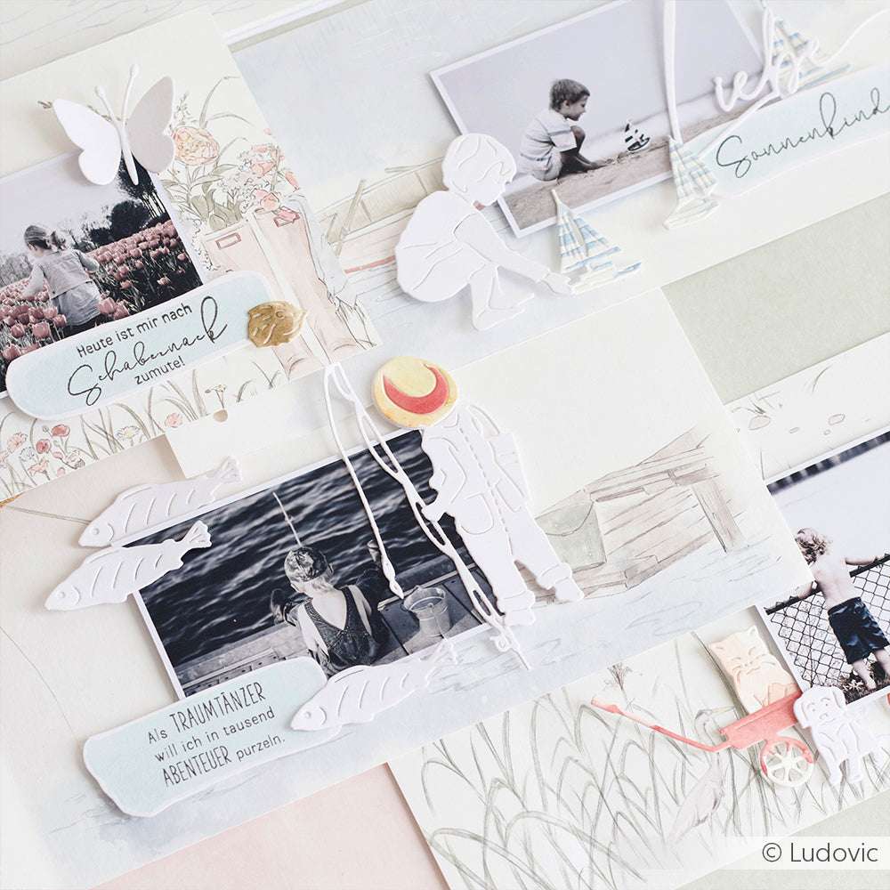 Scrapbook-Seite mit Vintage-Fotos und pastellfarbenen Naturzeichnungen - eine ideale Inspiration für Papierprojekte oder zur Kombination mit Ihrem Lieblingsstempelset Alexandra Renke Photopolymer Stempel und Clear Stamp.