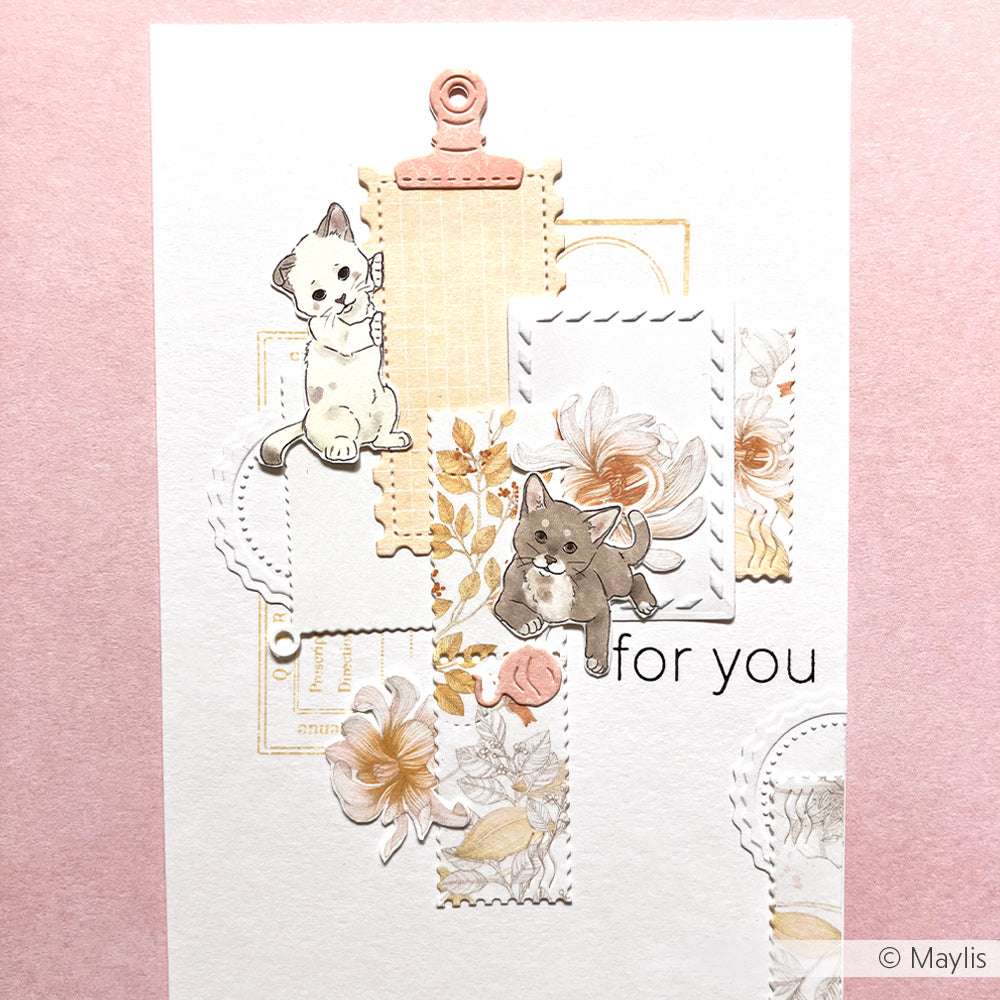 Handgefertigte Karte von Alexandra Renke mit zwei verspielten Kätzchen, floralem Pastellpapierdesign und dem Text "for you" - perfekt für Katzenliebhaber, hergestellt mit hochwertigen Stanzwerkzeugen.