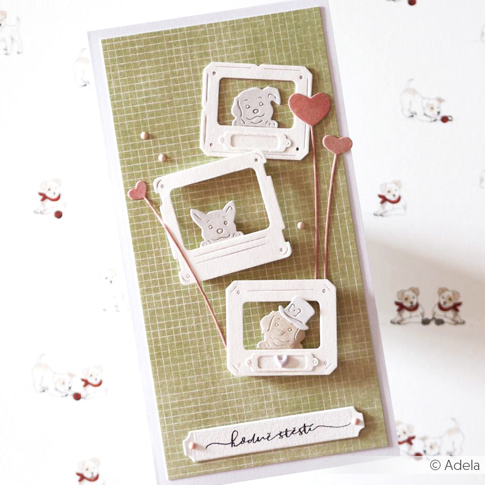Handgefertigte Karte mit drei Hundegesichtern in Rahmen unter Verwendung des Diarahmen-Sets und der Motivstanze von Alexandra Renke, herzförmigen Luftballons und dem Etikett "hodně štěstí".