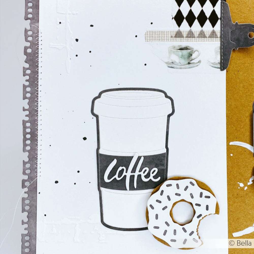 Schwarz-weiße Kaffeetassenzeichnung mit "Kaffee"-Etikett, einem angebissenen Donut und einer DieCut Systeme-Tasse in der Ecke von Alexandra Renke.