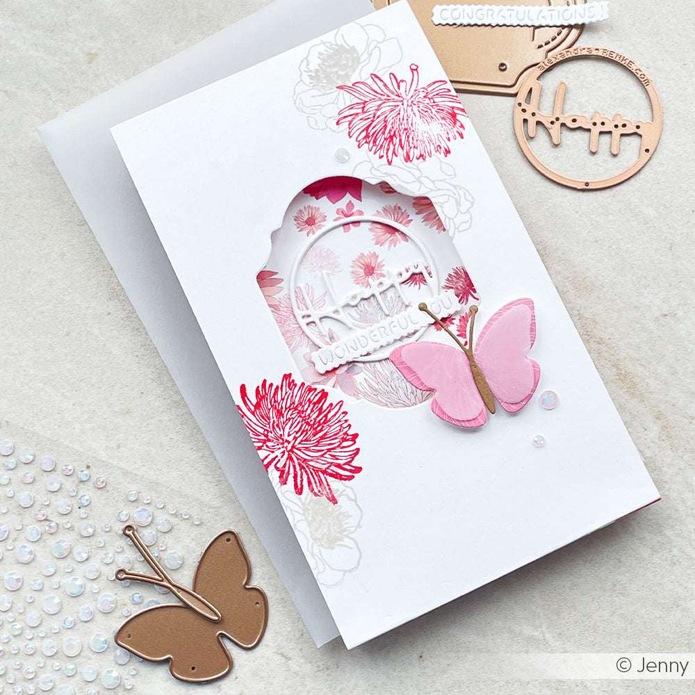Handgefertigte Karte mit rosafarbenen Blumen, einem rosafarbenen Schmetterling, dem Text "Wonderful" und gestanzten Verzierungen auf weißem Untergrund - ideal für die Verwendung mit Alexandra Renke Motivstanze Kreis oder anderen Stanzen für Designpapier.
