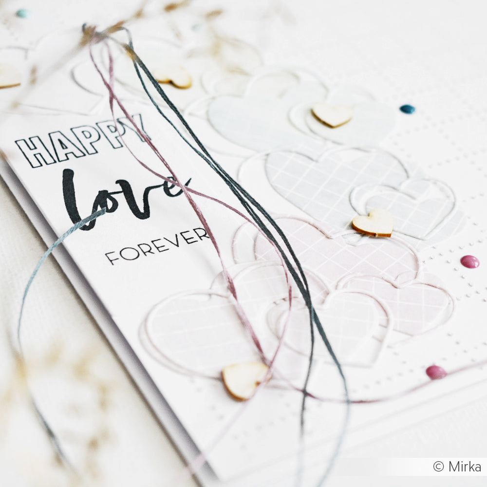 Handgemachte Karte von Alexandra Renke mit geprägten Herzen, bunten Fäden und "HAPPY love FOREVER" auf weißem Papier, hergestellt mit Motivstanze Herzrahmen und eleganten Designpapieren für eine einzigartige Note.