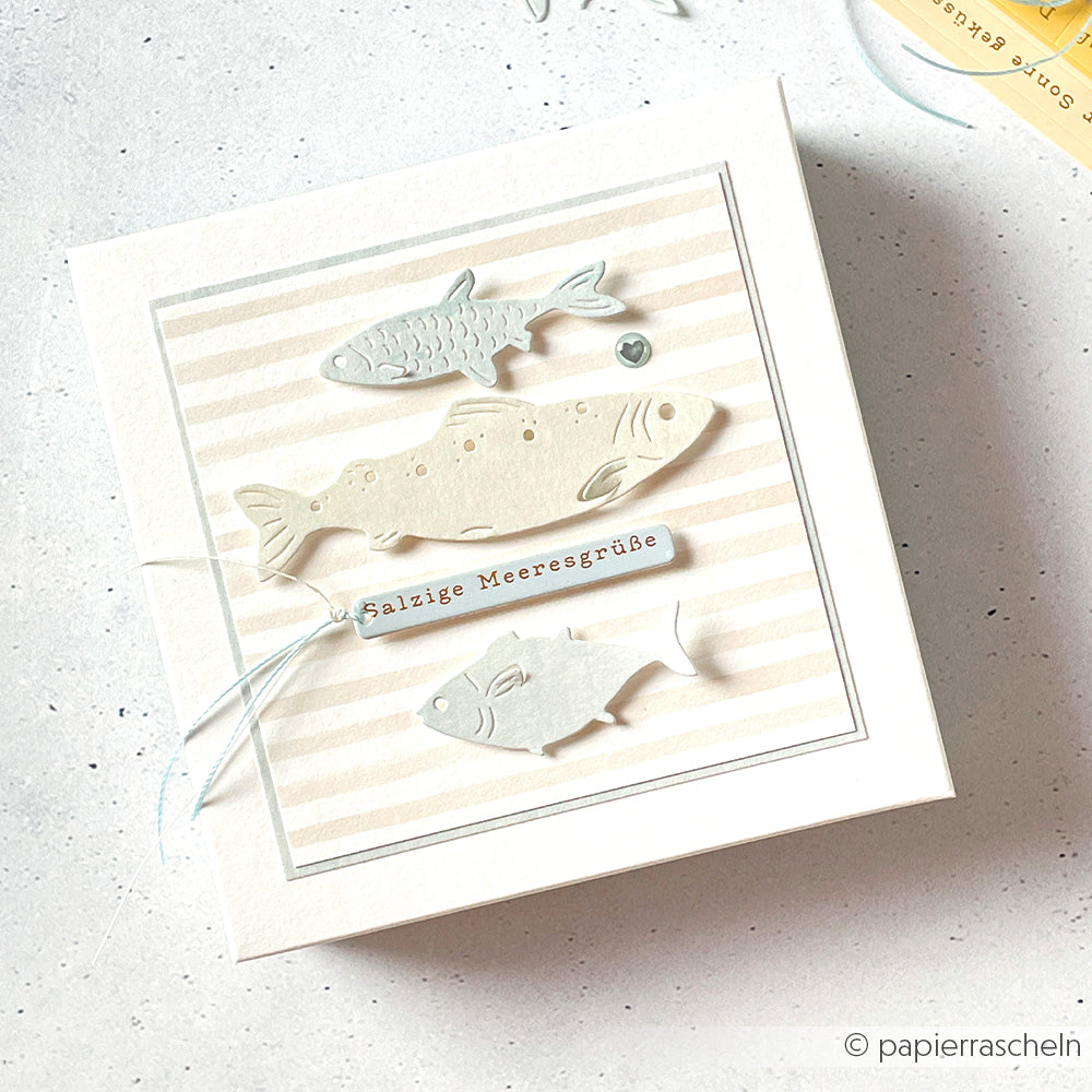 Quadratische Grußkarte von Alexandra Renke mit drei Fischausschnitten aus der Stanzform „Kleines Fische Trio“ und dem deutschen Text „Salzige Meeresgrüße“ auf einem gestreiften Designpapier-Hintergrund.