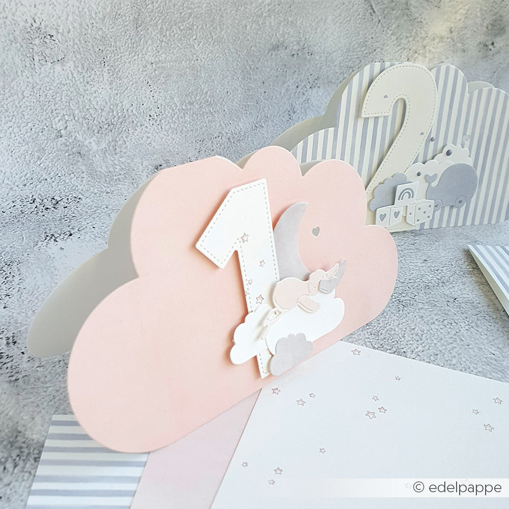 Rosa und graue wolkenförmige Geburtstagskarten mit den Zahlen 1 und 2, hergestellt mit Alexandra Renke Stanzen, mit Sternen und niedlichen Tierdetails.