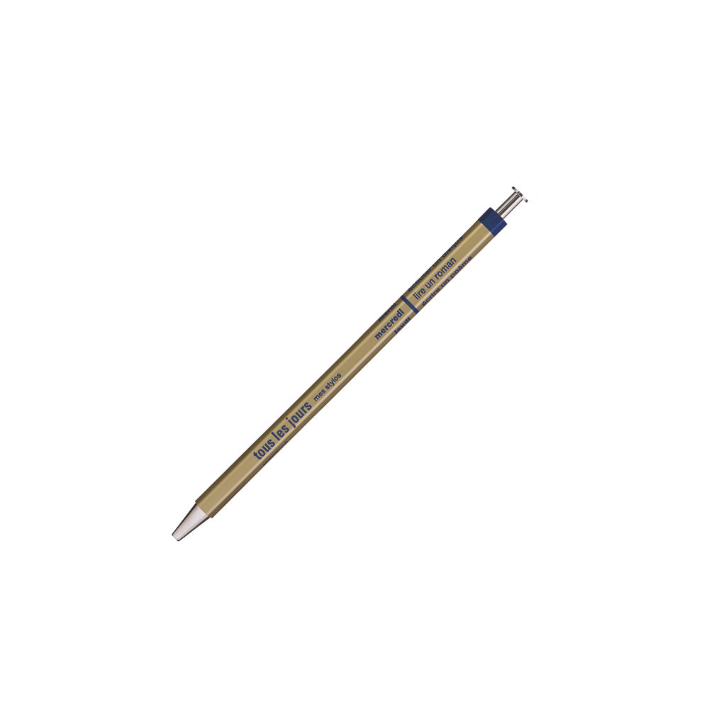 Ein goldener alexandrarenke Kugelschreiber mit blauen Akzenten und schwarzer Schrift auf weißem Hintergrund, ideal zum Notieren von französischen Wochentagen.