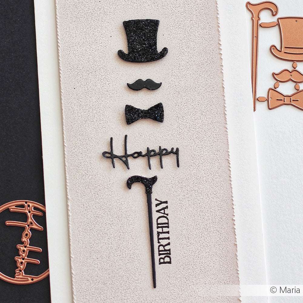 Schwarze Ausstanzungen mit den Motivstanze Gentleman Set Stanzformen von Alexandra Renke zeigen Zylinder, Schnurrbart, Fliege, "Happy", Stock und "Birthday" auf cremefarbenem Untergrund - perfekt für Ihre Lieblingsdesignpapiere.