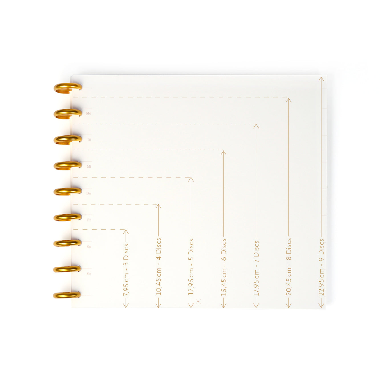 Alexandra Renke weißes Notizbuch mit goldenen Bindescheiben und Zentimetermaßlinien auf dem Einband - ideal als personalisiertes Buch für Ihre Notizen.