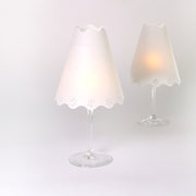 Zwei Weingläser mit dekorativen Lampenschirmen aus Transparentpapier von Alexandra Renke, die vor einem schlichten weißen Hintergrund sanft leuchten - eine charmante Tischdeko-Idee.