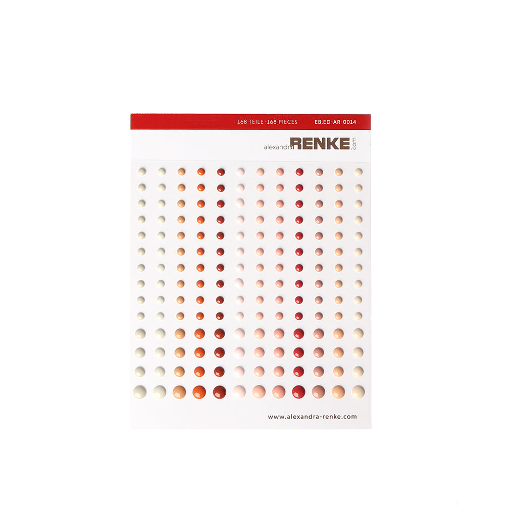 Bogen mit selbstklebenden Emaillepunkten von Alexandra Renke in Rot-, Rosa- und Cremetönen, die in Reihen auf weißem Hintergrund angeordnet sind - ideal für Aufkleberprojekte oder kreative Kartengestaltung.