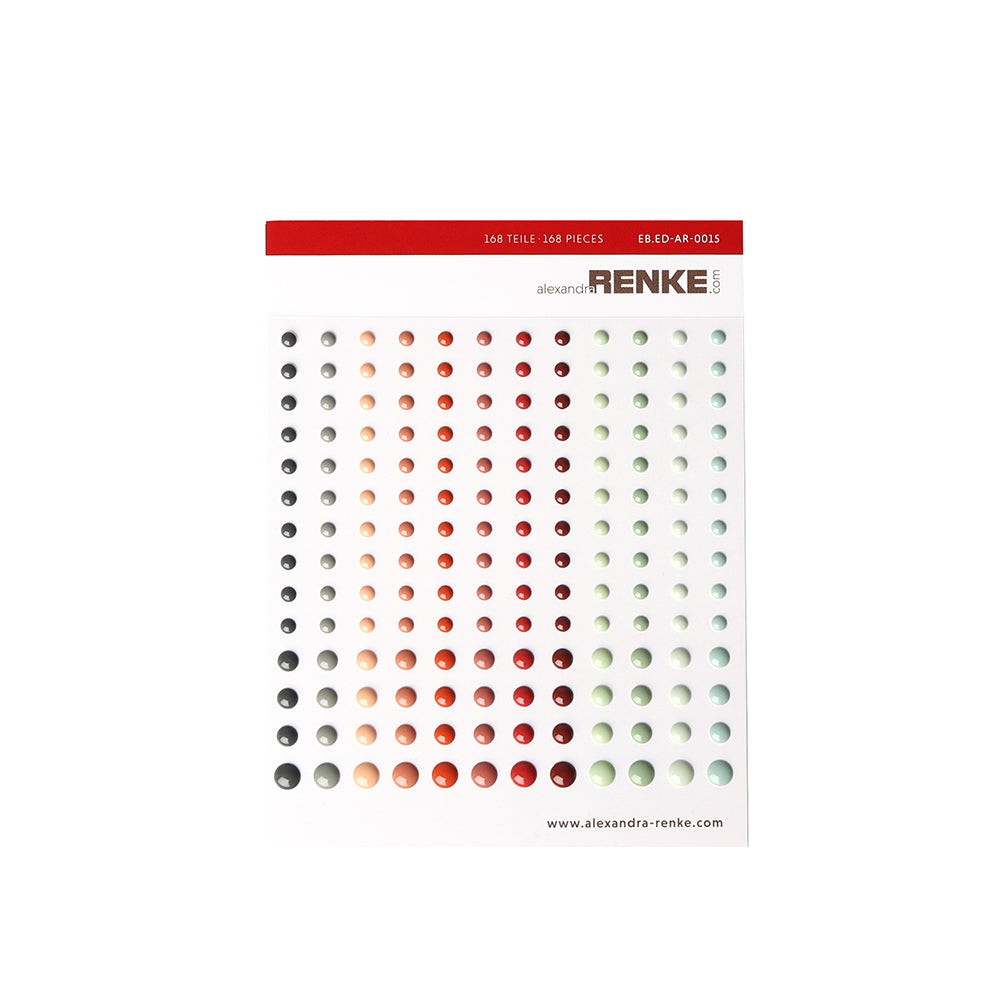 Der Bogen Classic Colors Enamel Dots von Alexandra Renke zeigt einen Farbverlauf von Schwarz über Rot bis hin zu Weiß, der in Reihen nach Größe angeordnet ist - ideal, um Farbe in Ihre Kartengestaltung zu bringen.