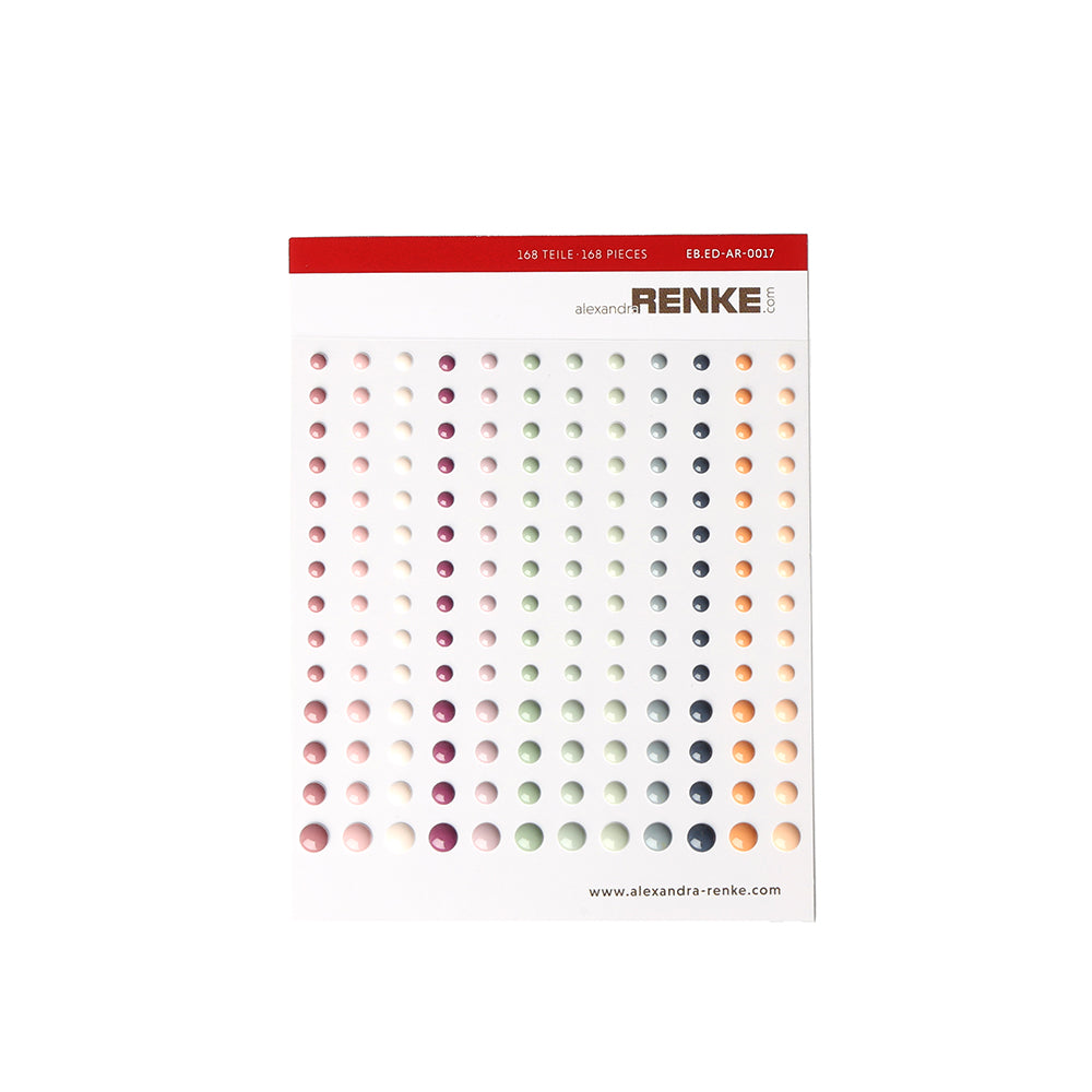 Ein Bogen Alexandra Renke bunter Emaillepunkte in ruhigen Farbtönen und verschiedenen Größen, übersichtlich angeordnet - ideal für die Kartengestaltung und andere kreative Projekte.