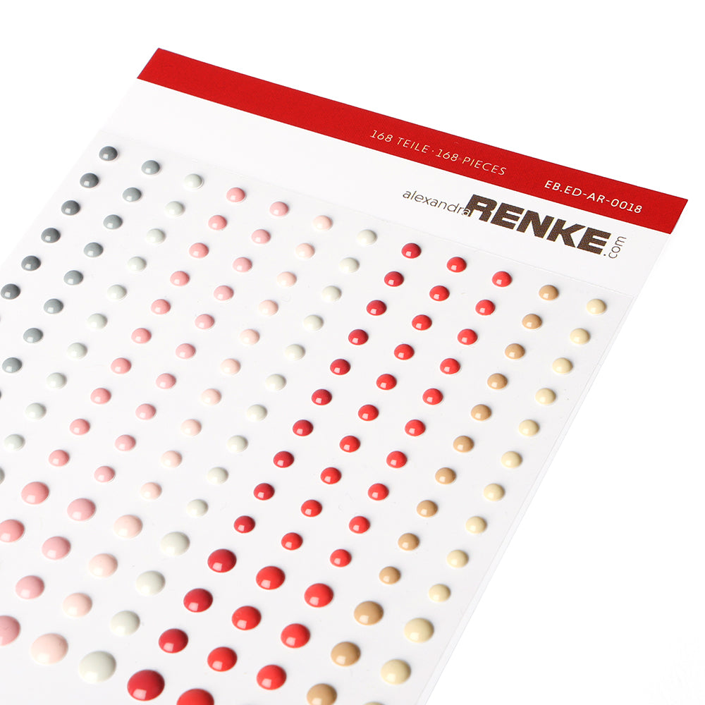 Ein Bogen Alexandra Renke Klebe-Emaille-Punkte in den Farben Rot, Weiß, Grau und Beige - hübsch arrangiert und ideal als Sticker-Akzente für Ihre Kartengestaltungsprojekte.