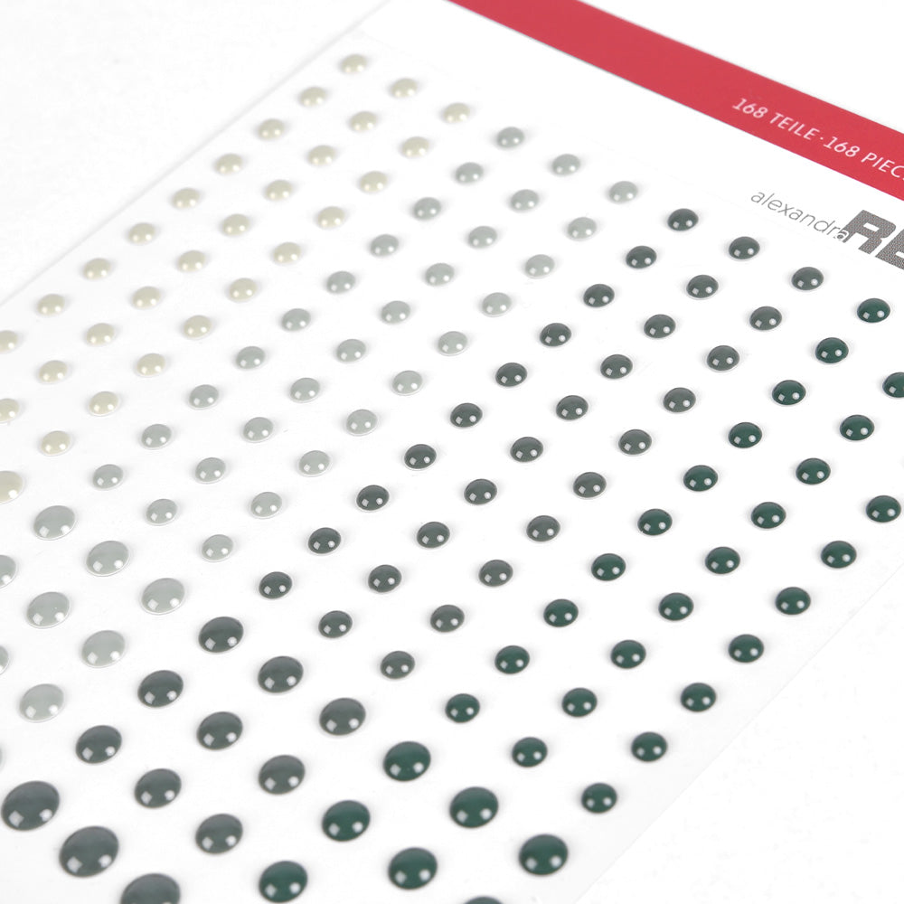 Alexandra Renke selbstklebende schwarz-weiße Punktaufkleber in verschiedenen Größen, ideal für die Gestaltung von Karten oder zum Hinzufügen stilvoller Emaille-Punkte beim Basteln. Übersichtlich in Reihen angeordnet für eine einfache Anwendung.
