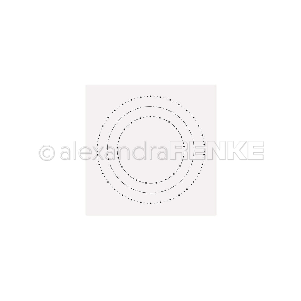 Minimalistisches Kunstwerk aus drei konzentrischen, gepunkteten Kreisen auf weißem, quadratischem Hintergrund, inspiriert von Alexandra Renkes präzisen Stanzsystemen und Cut & Emboss Folder Techniken.