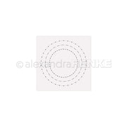 Minimalistisches Kunstwerk aus drei konzentrischen, gepunkteten Kreisen auf weißem, quadratischem Hintergrund, inspiriert von Alexandra Renkes präzisen Stanzsystemen und Cut & Emboss Folder Techniken.