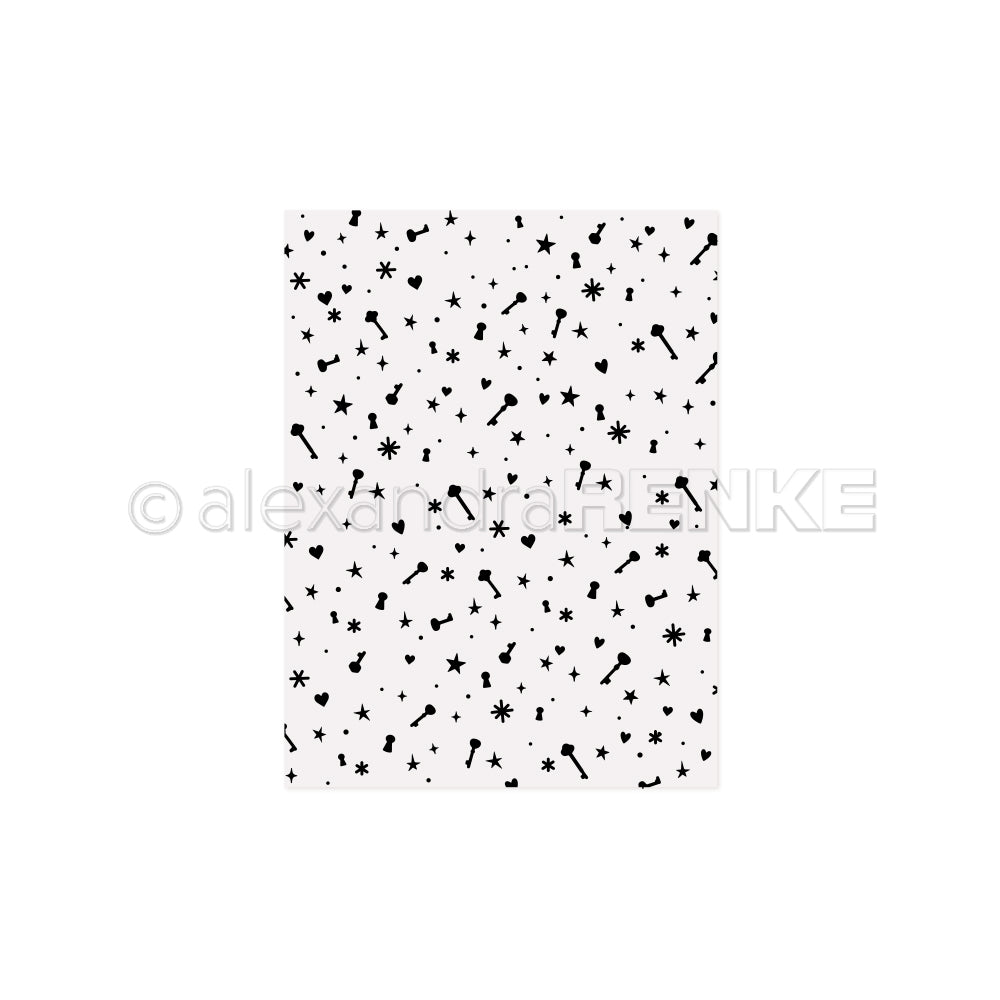 Weißes Papier von Alexandra Renke mit einem Muster aus kleinen schwarzen Schlüsseln und Sternen - ideal für Ihre Lieblings-Embossing-Folder oder Stanzsysteme-Projekte.
