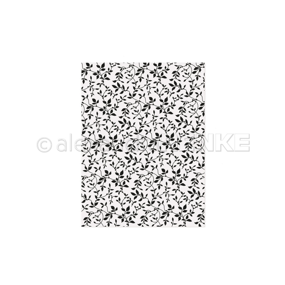 Dichtes, schwarzes Rankenmuster auf weißem Hintergrund, ideal, um mit einem Embossing Folder oder Cut & Emboss Folder eine Struktur zu erzeugen. Marke: Alexandra Renke.