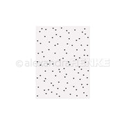 Weißes Blatt mit einem Muster aus kleinen, unregelmäßig verteilten schwarzen Herzen, das an den strukturierten Charme von Designs erinnert, die mit einem Alexandra Renke Cut & Emboss Folder hergestellt wurden.