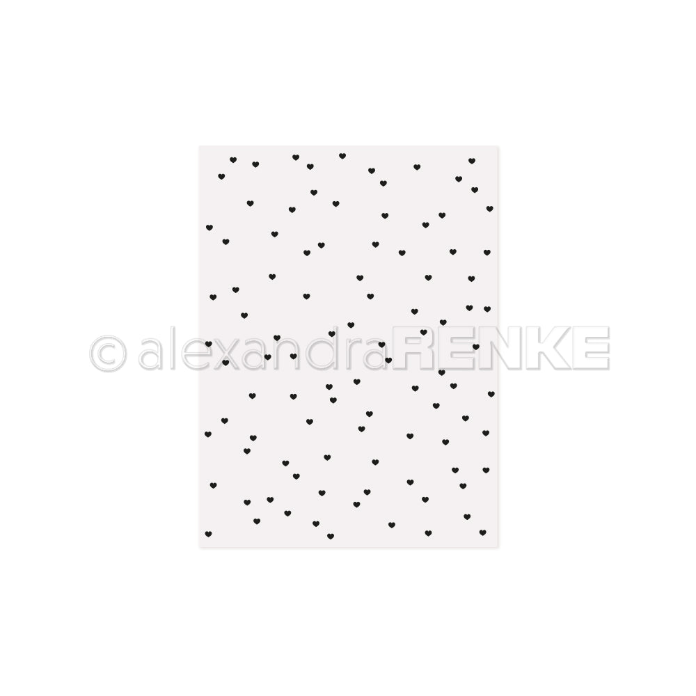 Weißes Blatt mit einem Muster aus kleinen, unregelmäßig verteilten schwarzen Herzen, das an den strukturierten Charme von Designs erinnert, die mit einem Alexandra Renke Cut & Emboss Folder hergestellt wurden.
