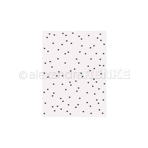 Weißes Blatt mit einem Muster aus kleinen, unregelmäßig verteilten schwarzen Herzen, das an den strukturierten Charme von Designs erinnert, die mit einem Alexandra Renke Cut & Emboss Folder hergestellt wurden.
